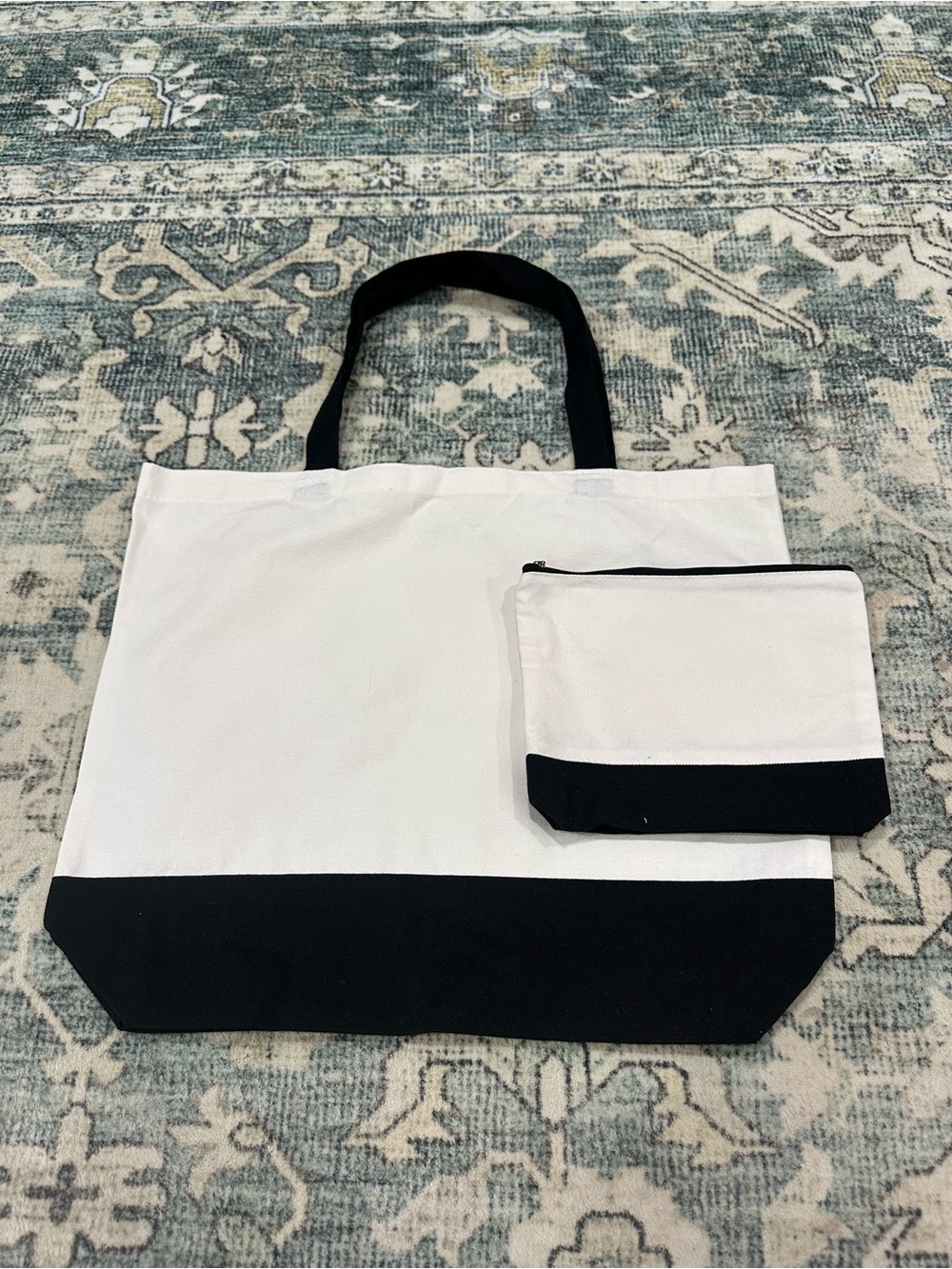 Canvas Tote Bag with Matching Zipper Pouch - White and Black